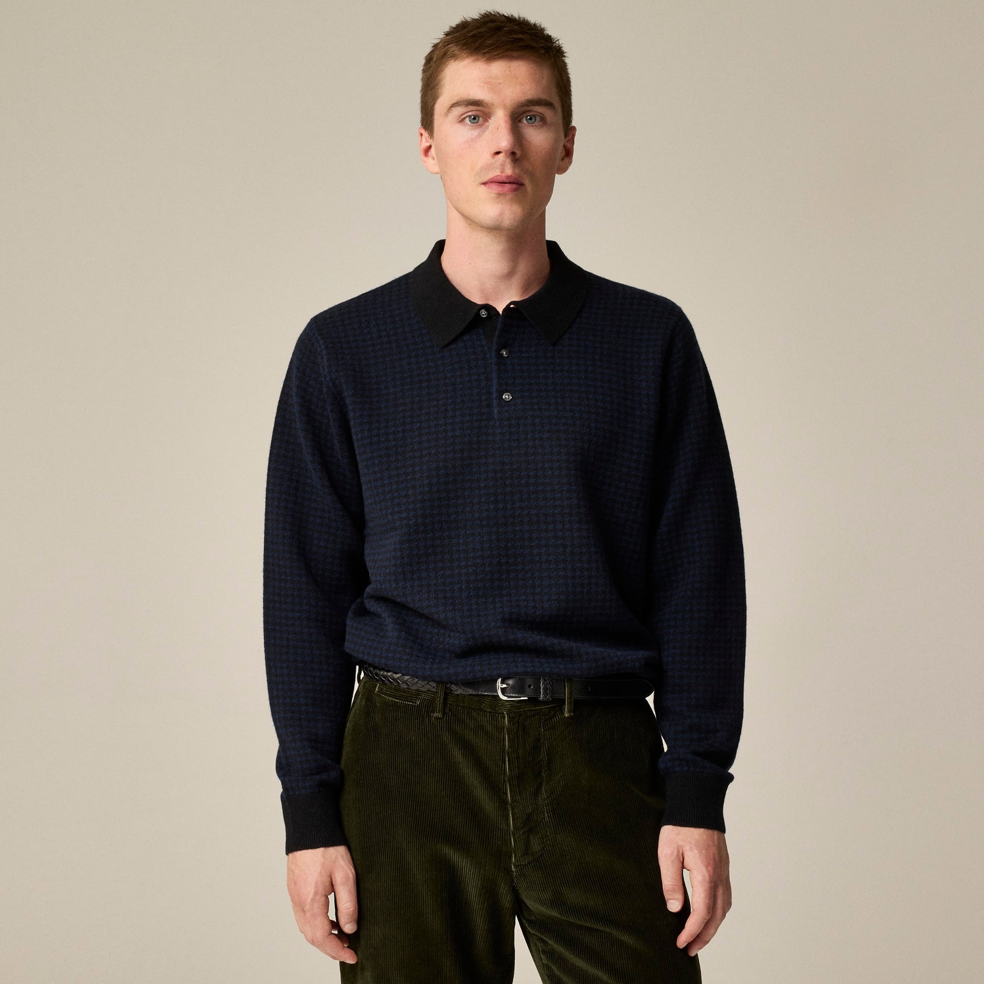 mens Cashmere collared sweater in houndstooth jacquard