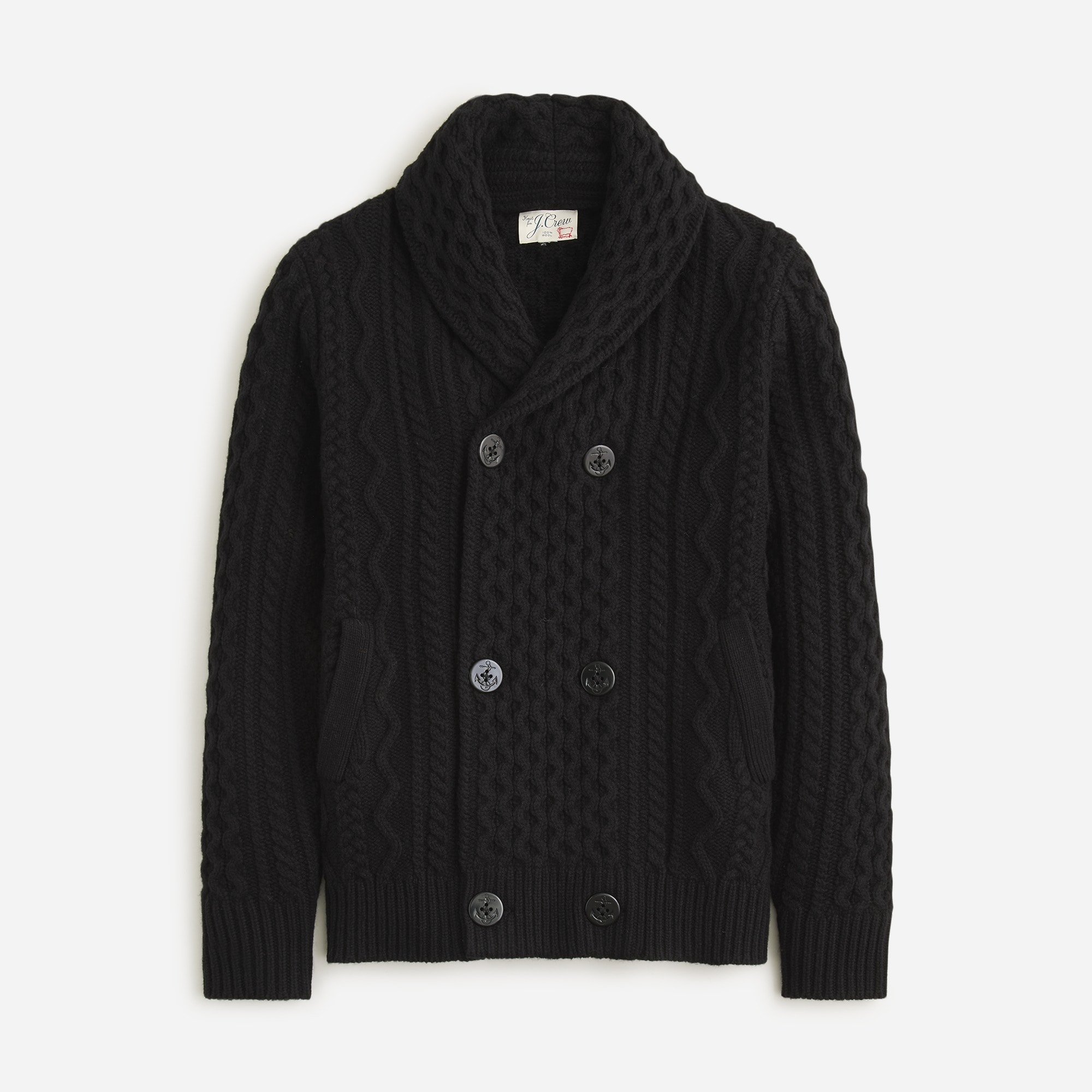  Double-breasted shawl-collar cable-knit wool cardigan sweater