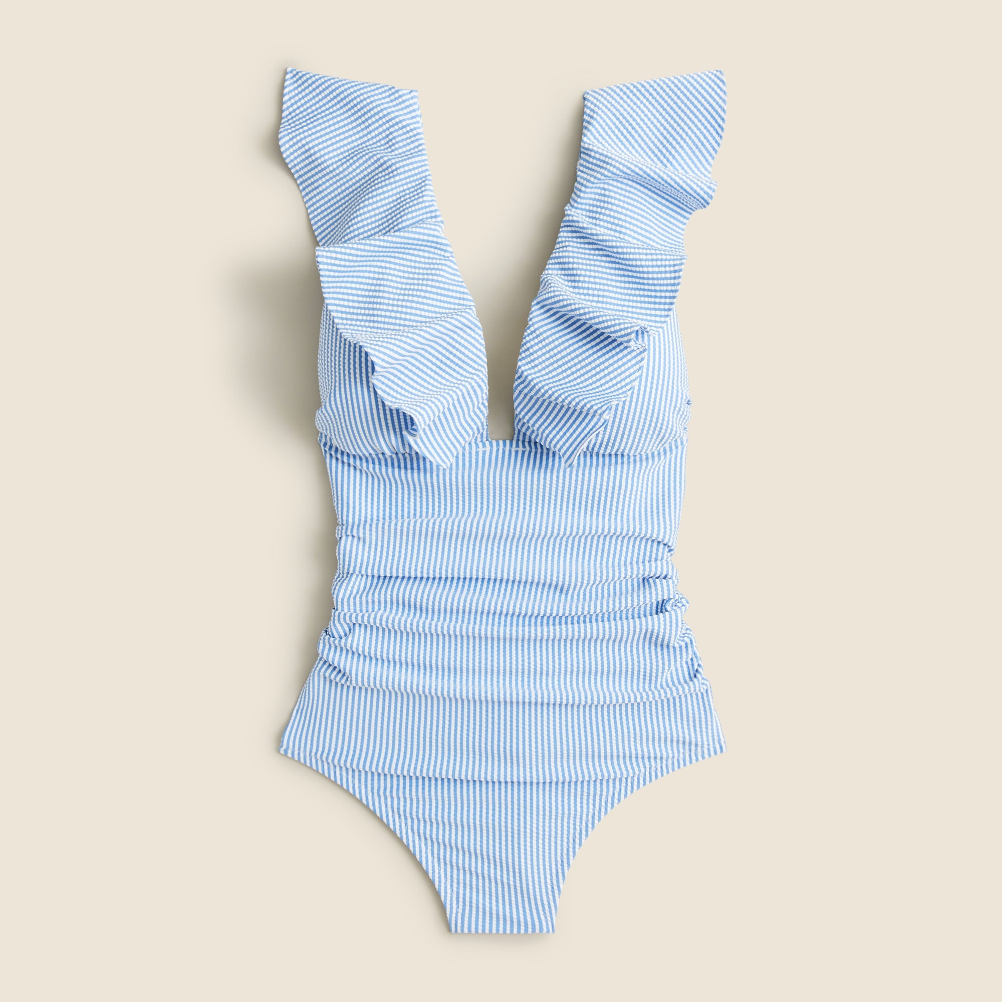 womens Ruched ruffle one-piece swimsuit in seersucker