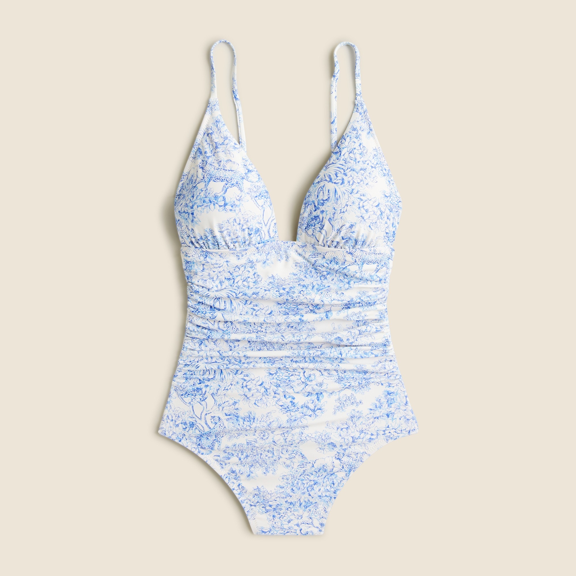 womens Ruched plunge one-piece swimsuit in blue toile