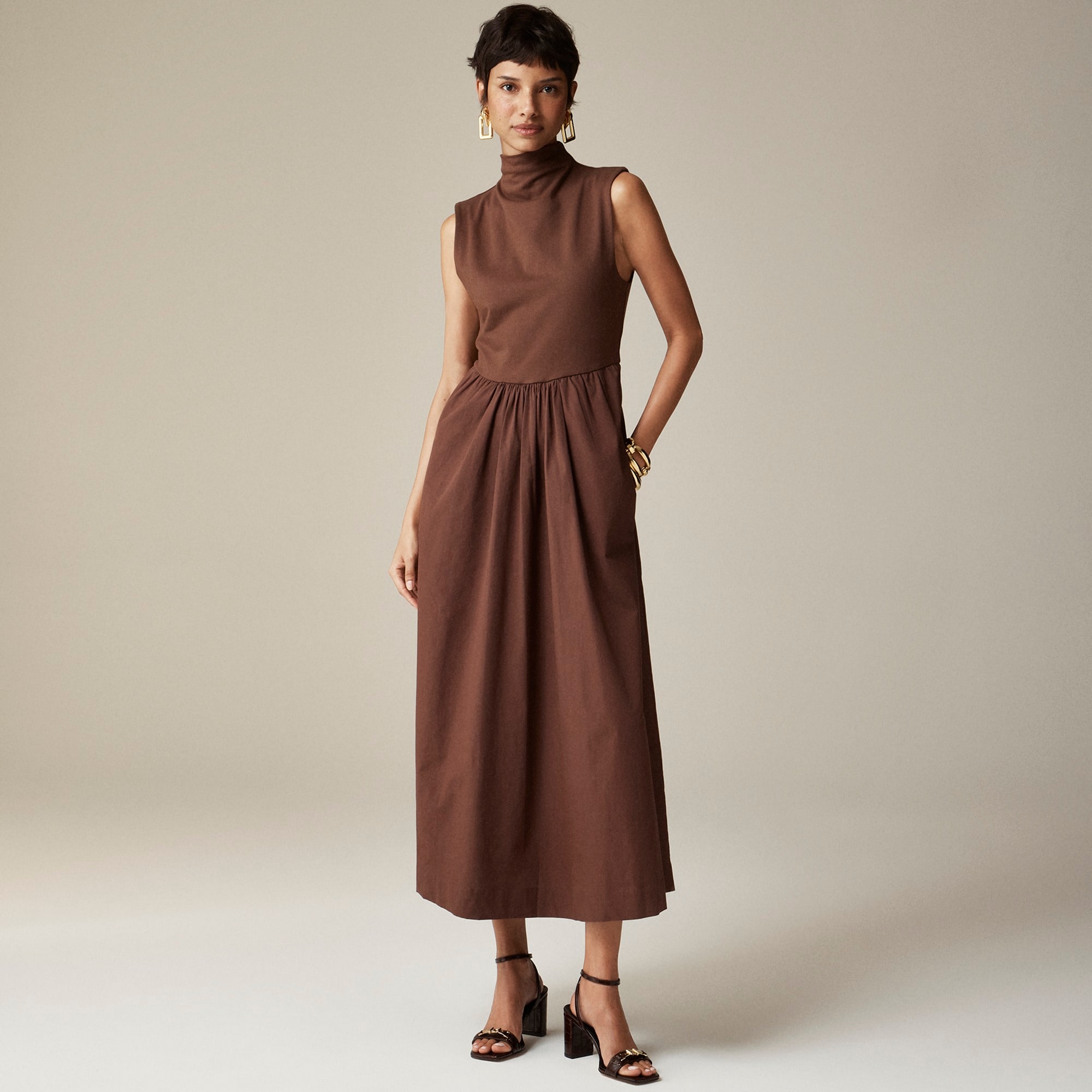 womens Fitted knit mockneck dress with poplin skirt