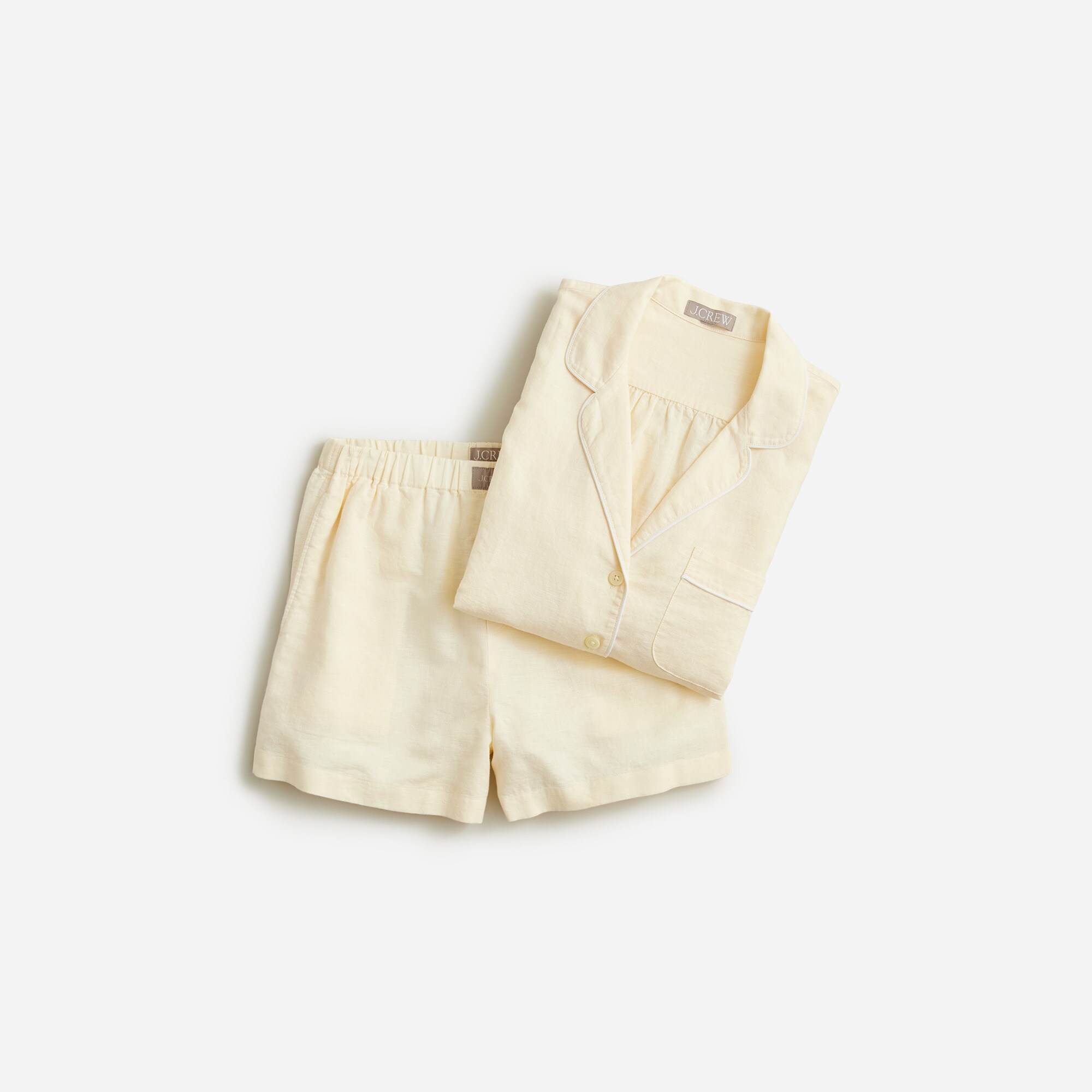  Long-sleeve pajama short set in linen-cotton blend