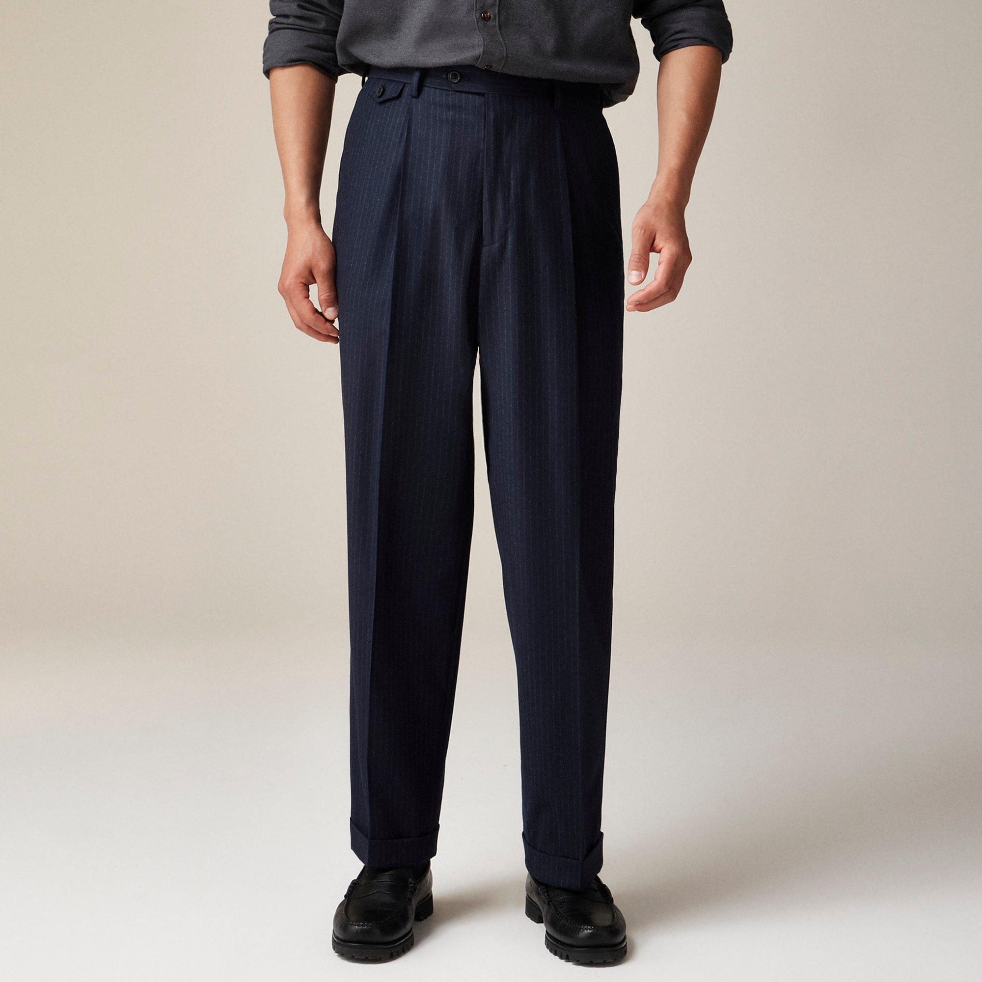 mens Relaxed-fit single-pleat trouser in Italian wool chalk stripe