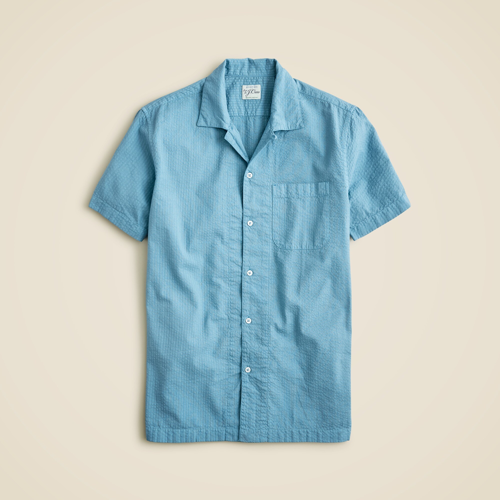  Short-sleeve garment-dyed seersucker camp-collar shirt