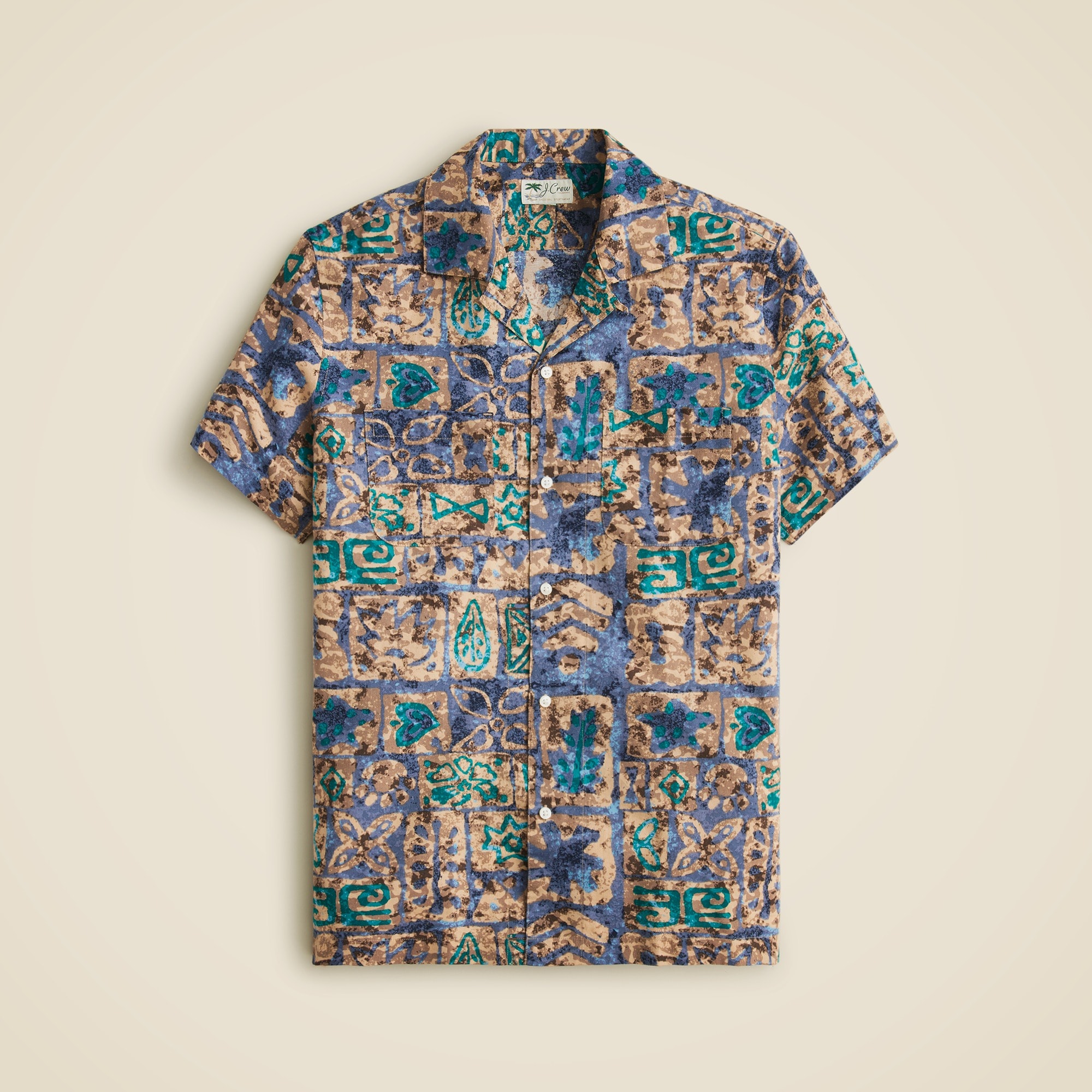  Short-sleeve slub cotton-linen blend camp-collar shirt in print