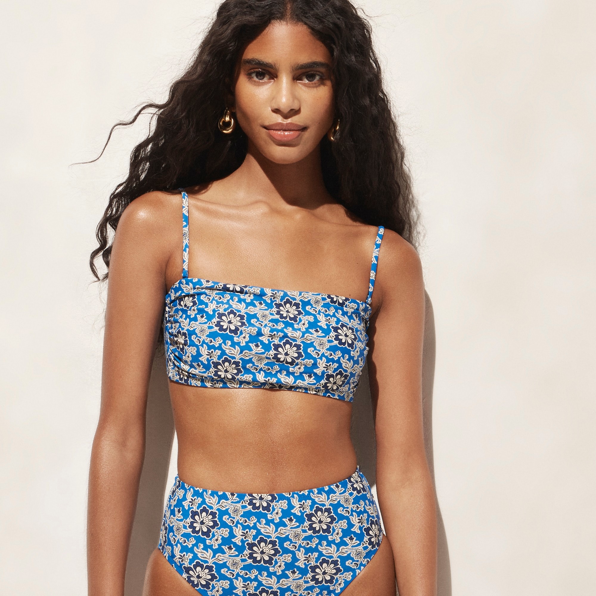 womens Ruched bandeau bikini top in cobalt floral