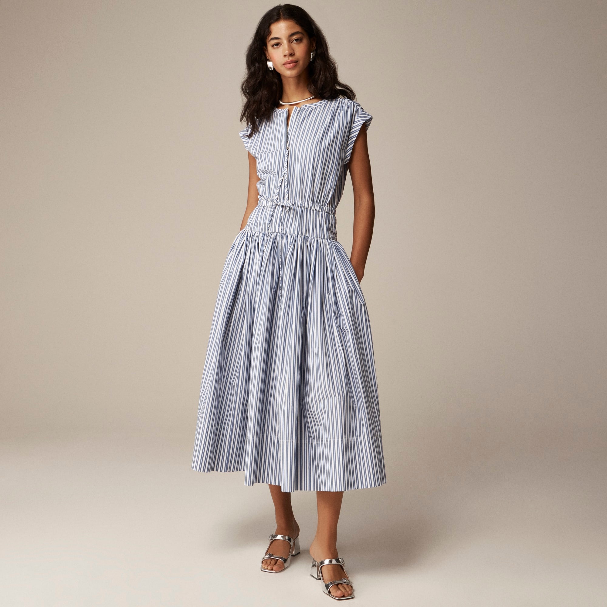 womens Drop-waist midi dress in striped cotton poplin