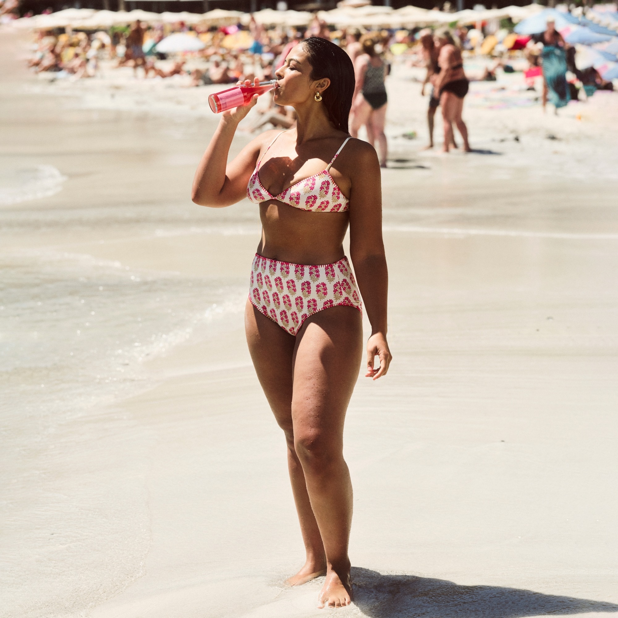 womens High-rise full-coverage bikini bottom in berry block print