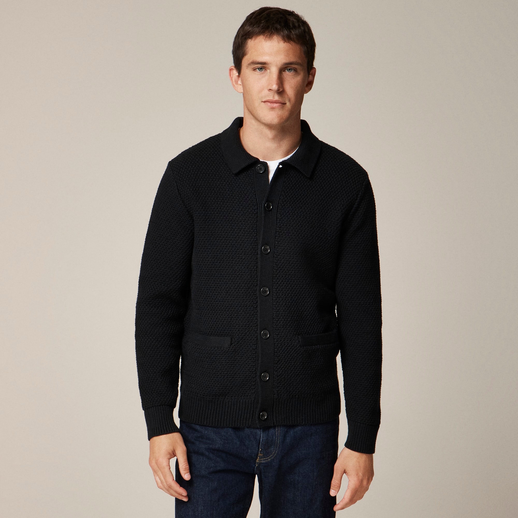 mens Cotton cardigan sweater-polo in moss stitch