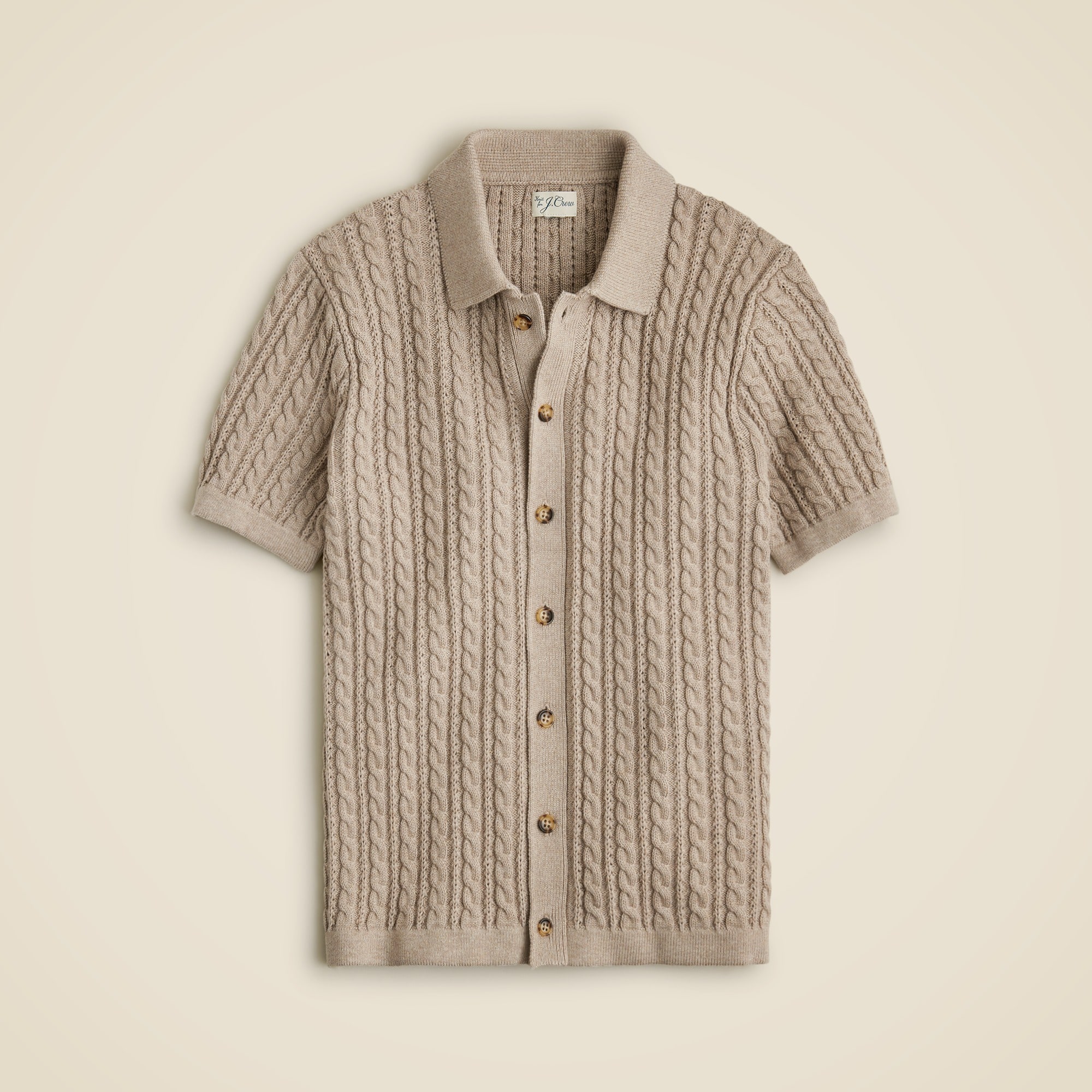  Short-sleeve cotton cable-knit polo cardigan sweater