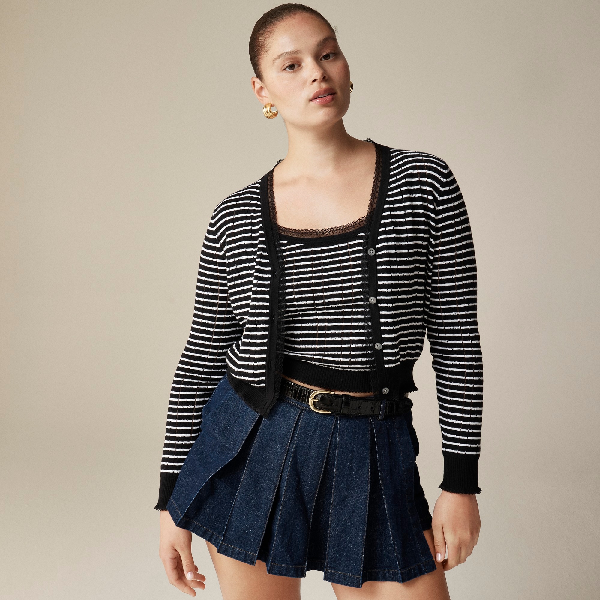 womens Pointelle V-neck cardigan in striped premium ultrafine cotton