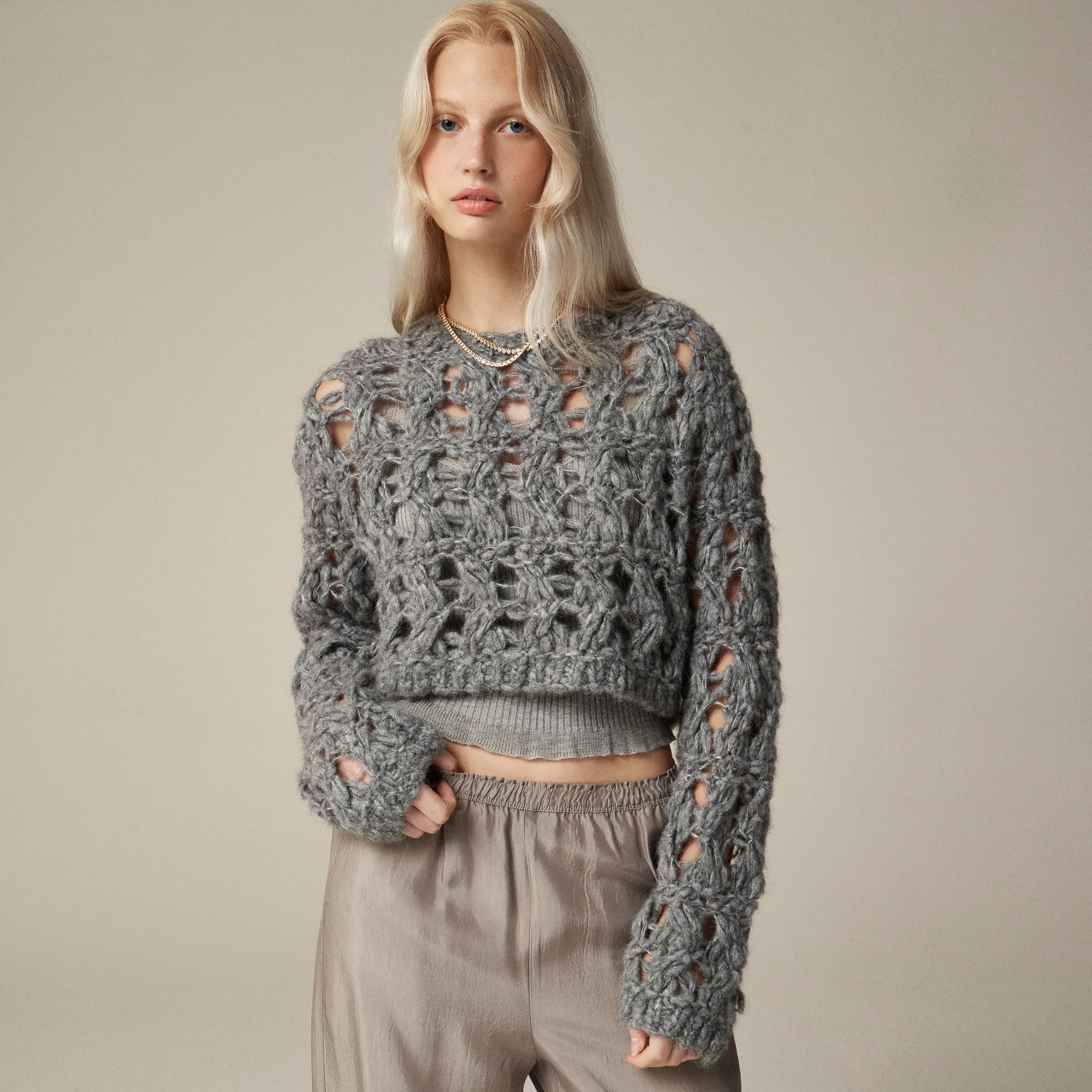 womens Collection open-weave cropped pullover sweater