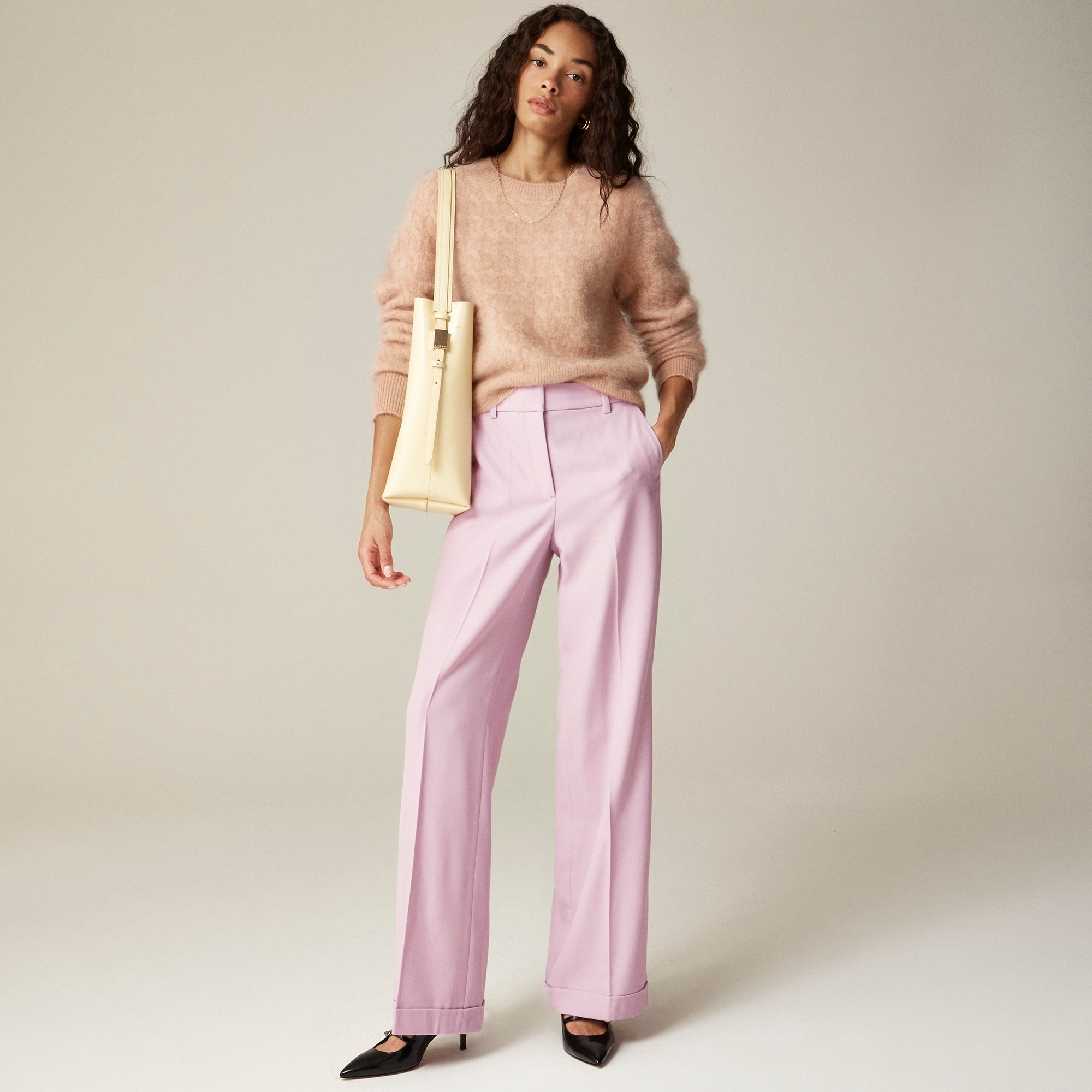 womens Petite cuffed wide-leg trouser pant in wool blend