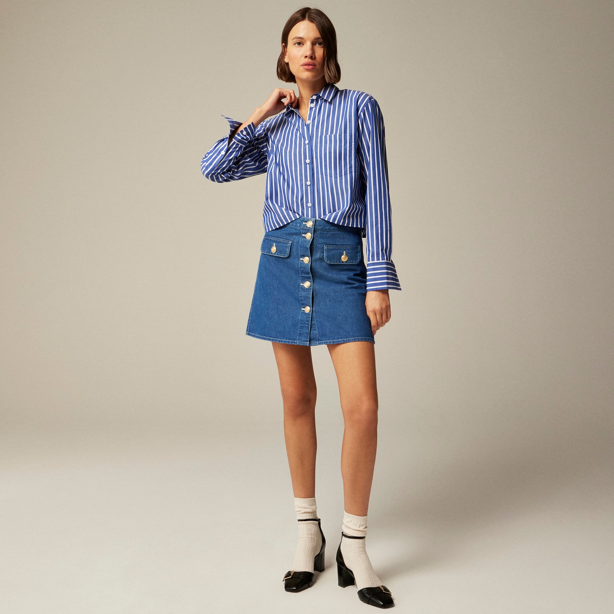 womens Button-front denim mini skirt