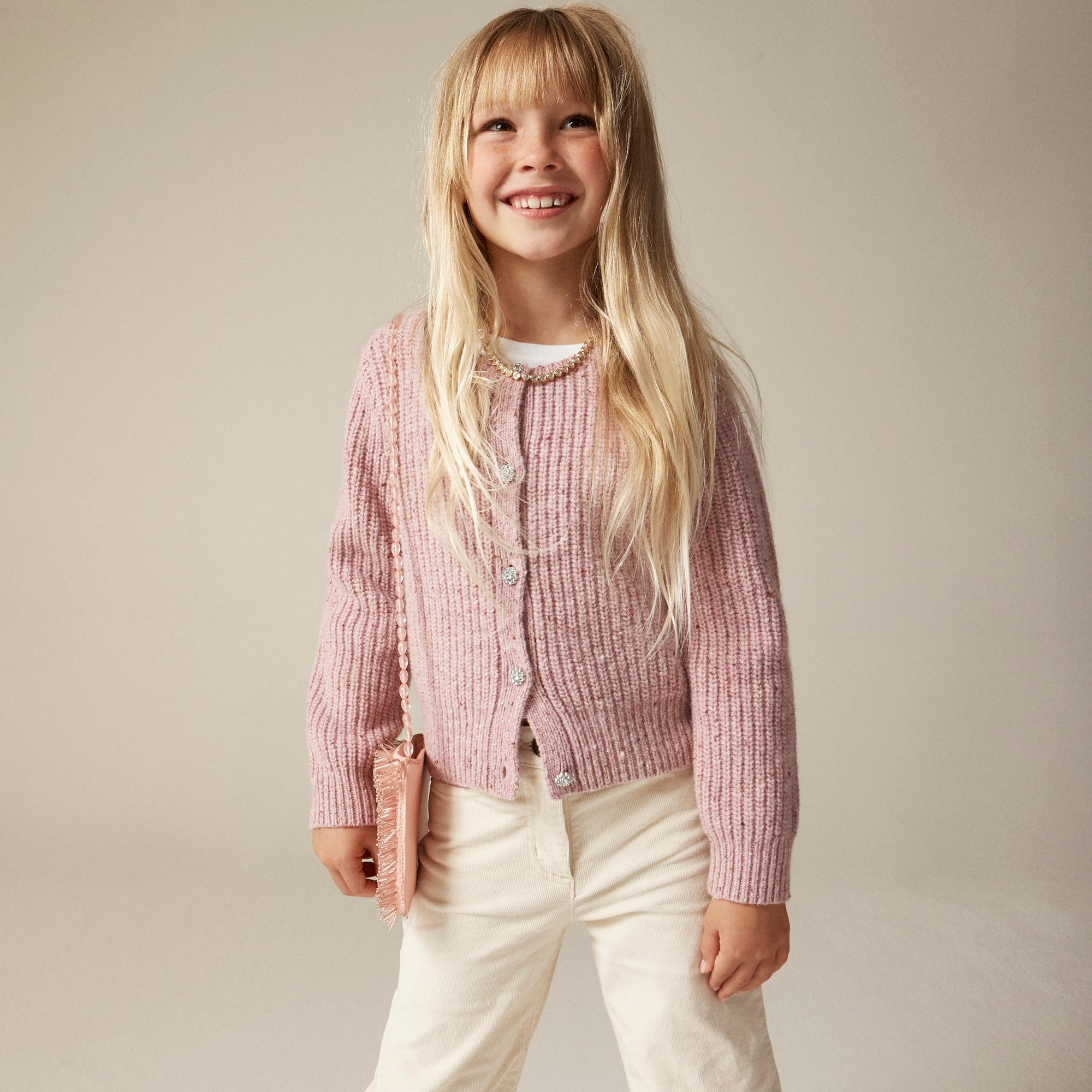 girls Girls' jewel-button cardigan sweater in donegal-inspired wool blend