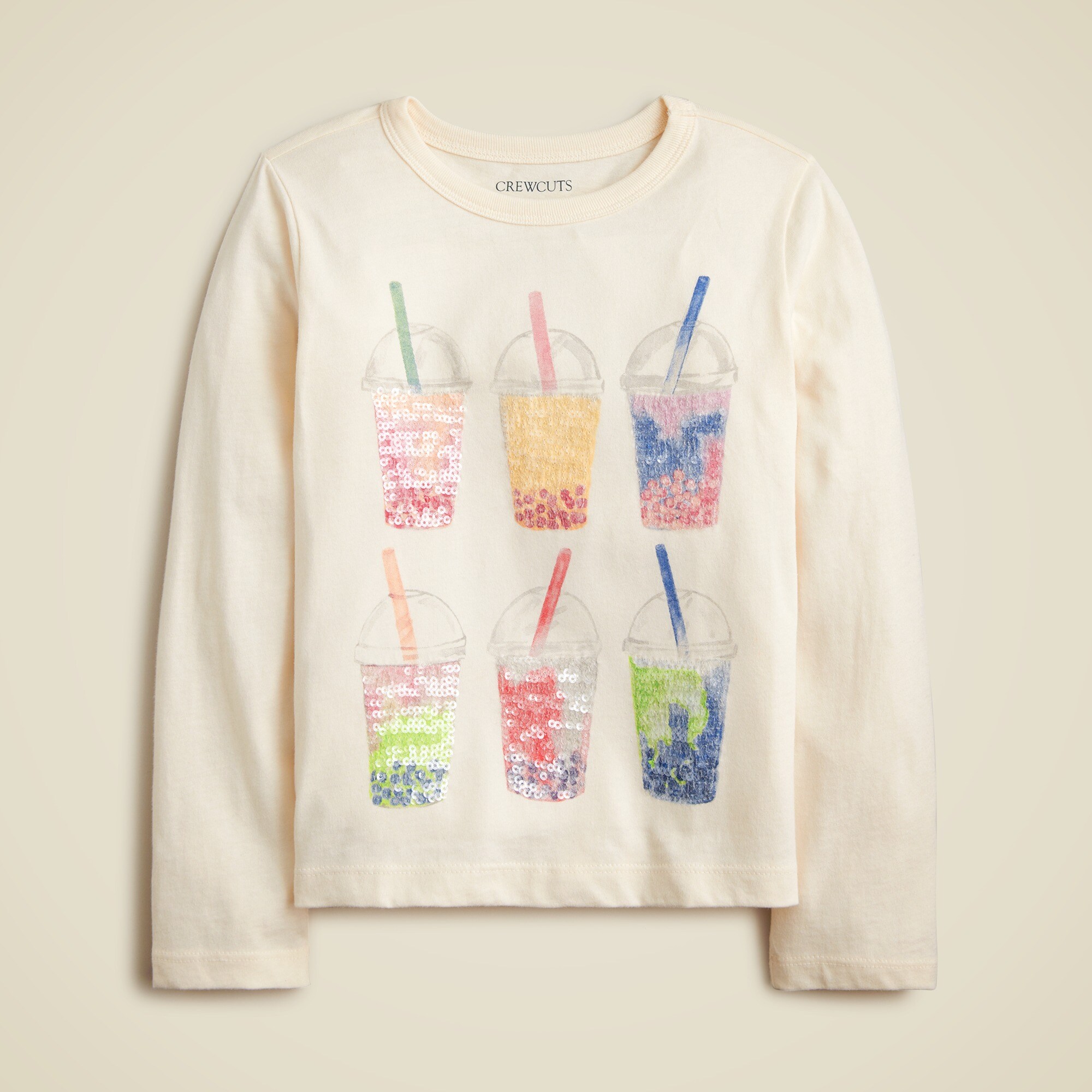  Girls' long-sleeve sequin boba tea T-shirt