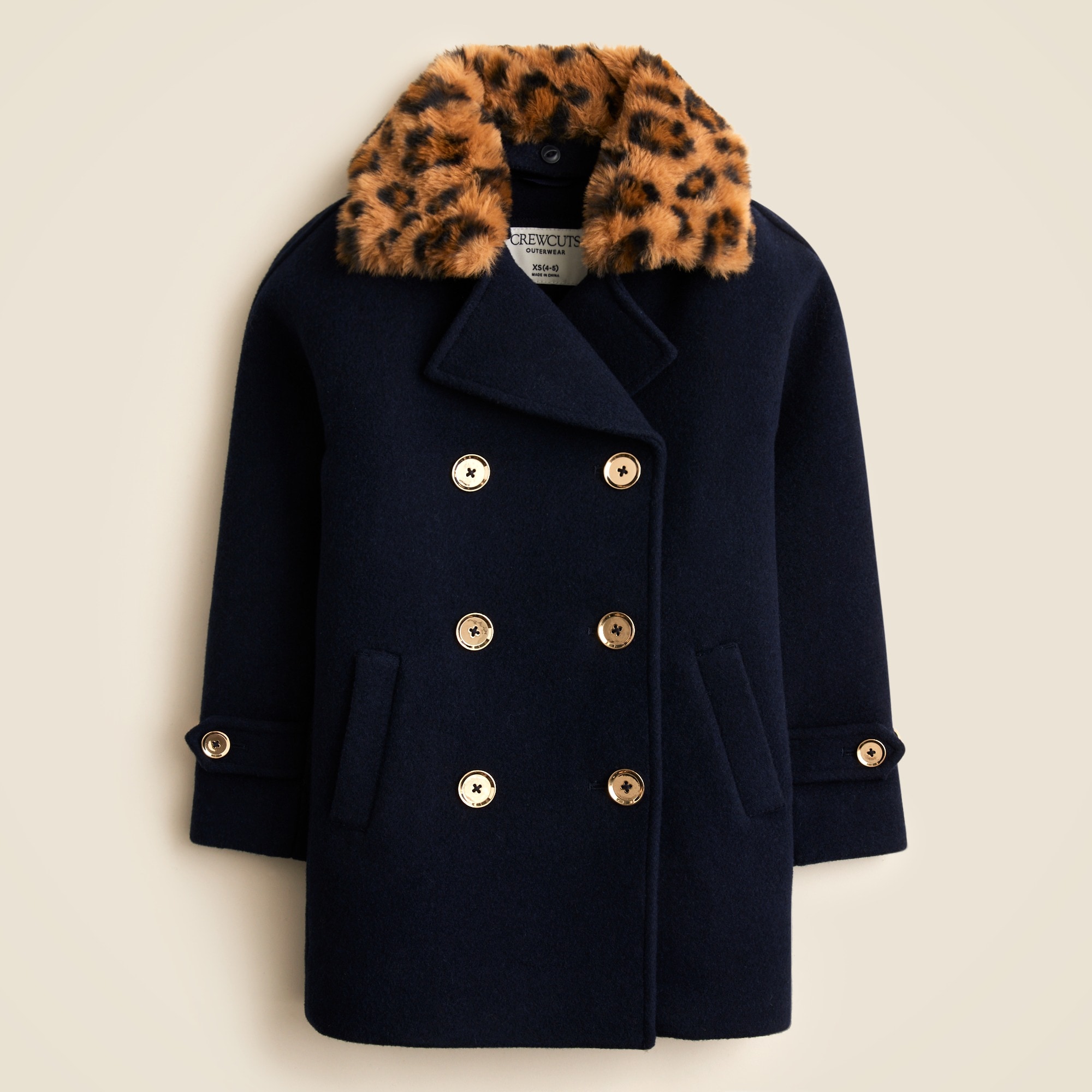 girls Girls' wool-blend peacoat with leopard faux-fur collar