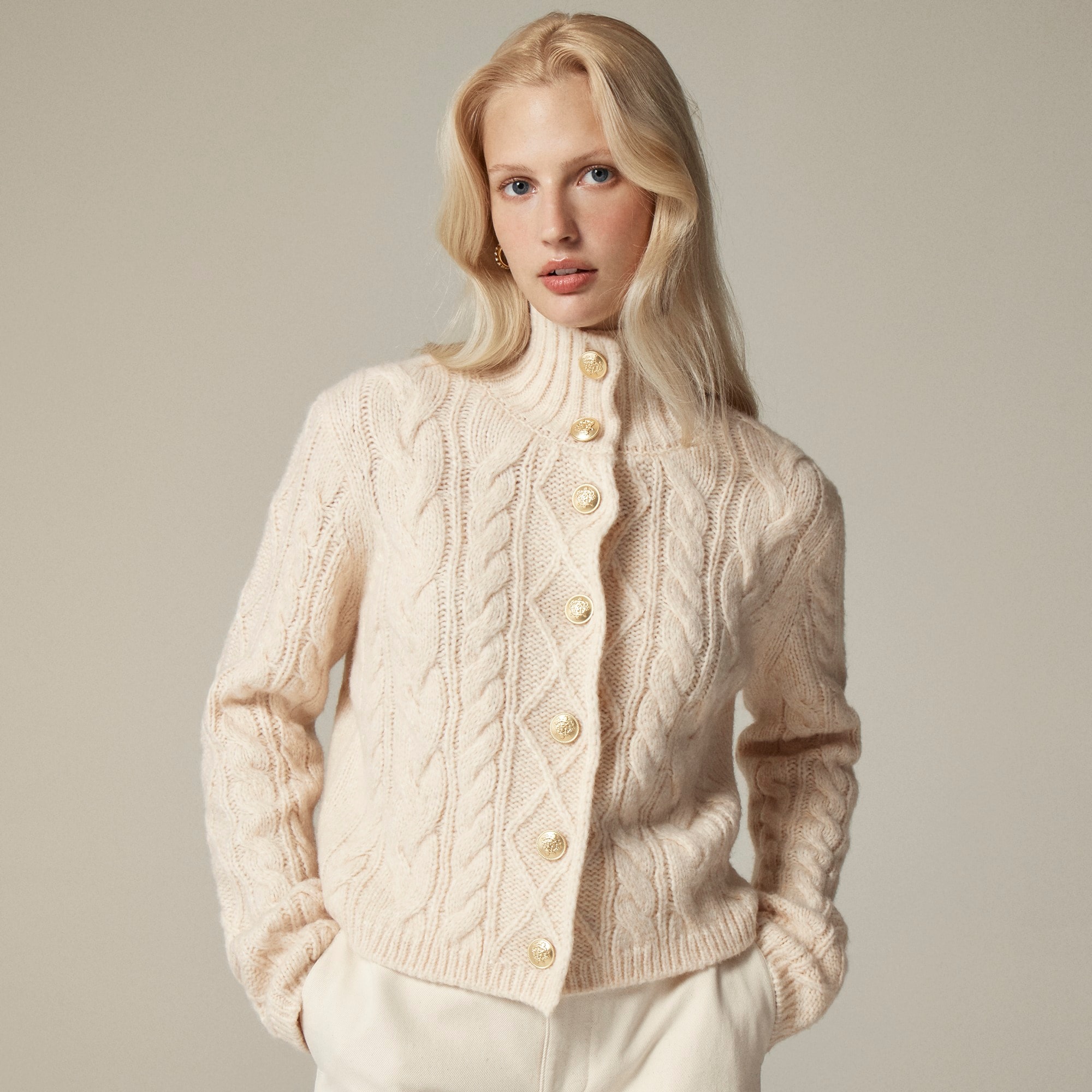  Cable-knit turtleneck cardigan sweater