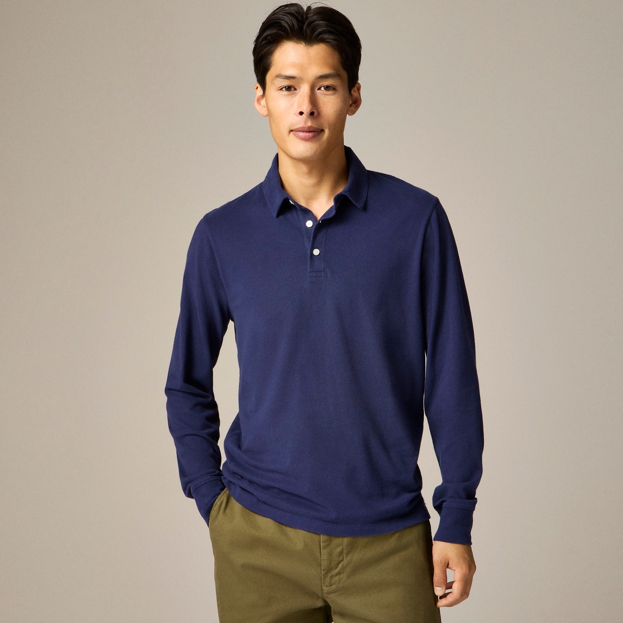 mens Long-sleeve sueded cotton polo shirt