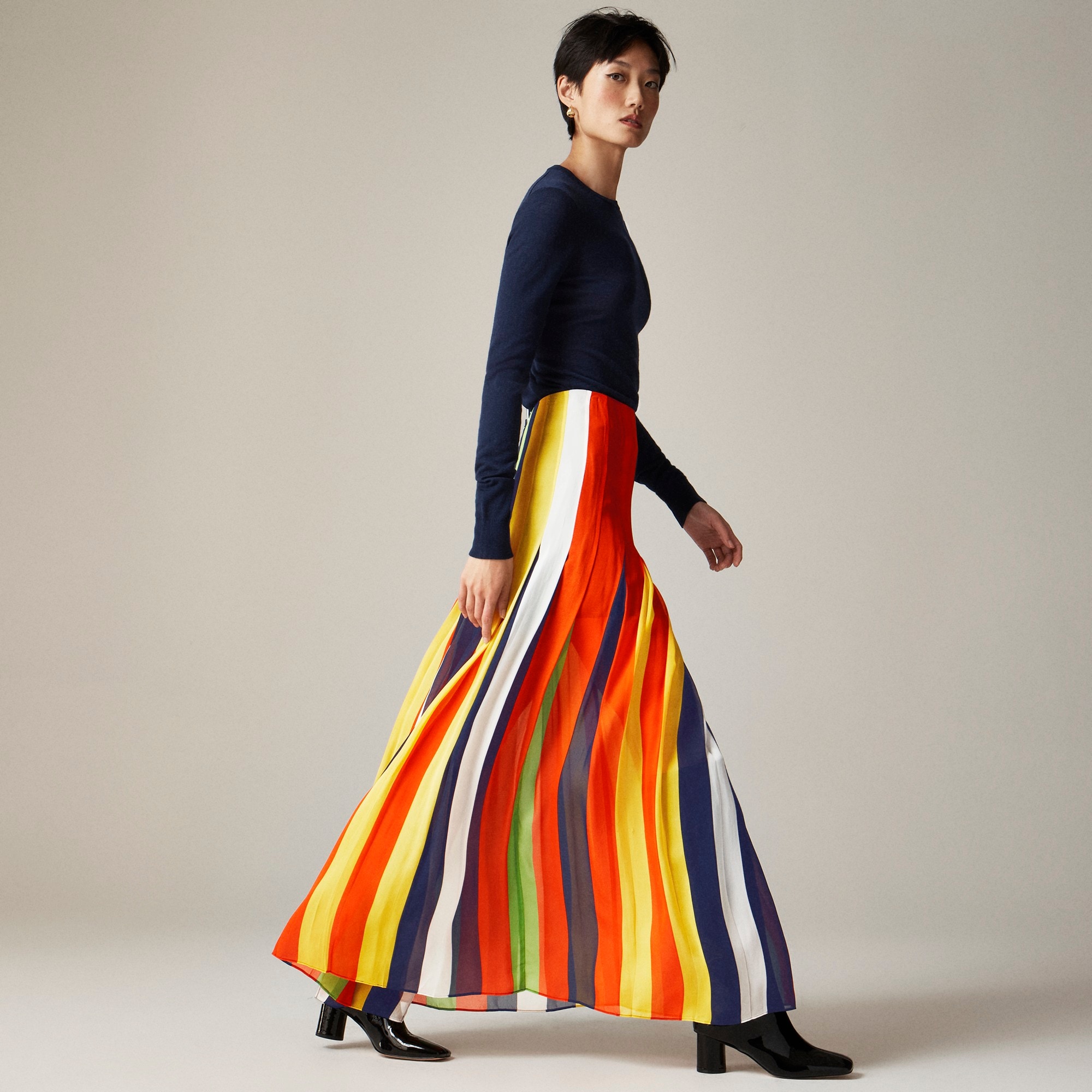 womens Christopher John Rogers X J.Crew pleated maxi skirt in multistripe chiffon