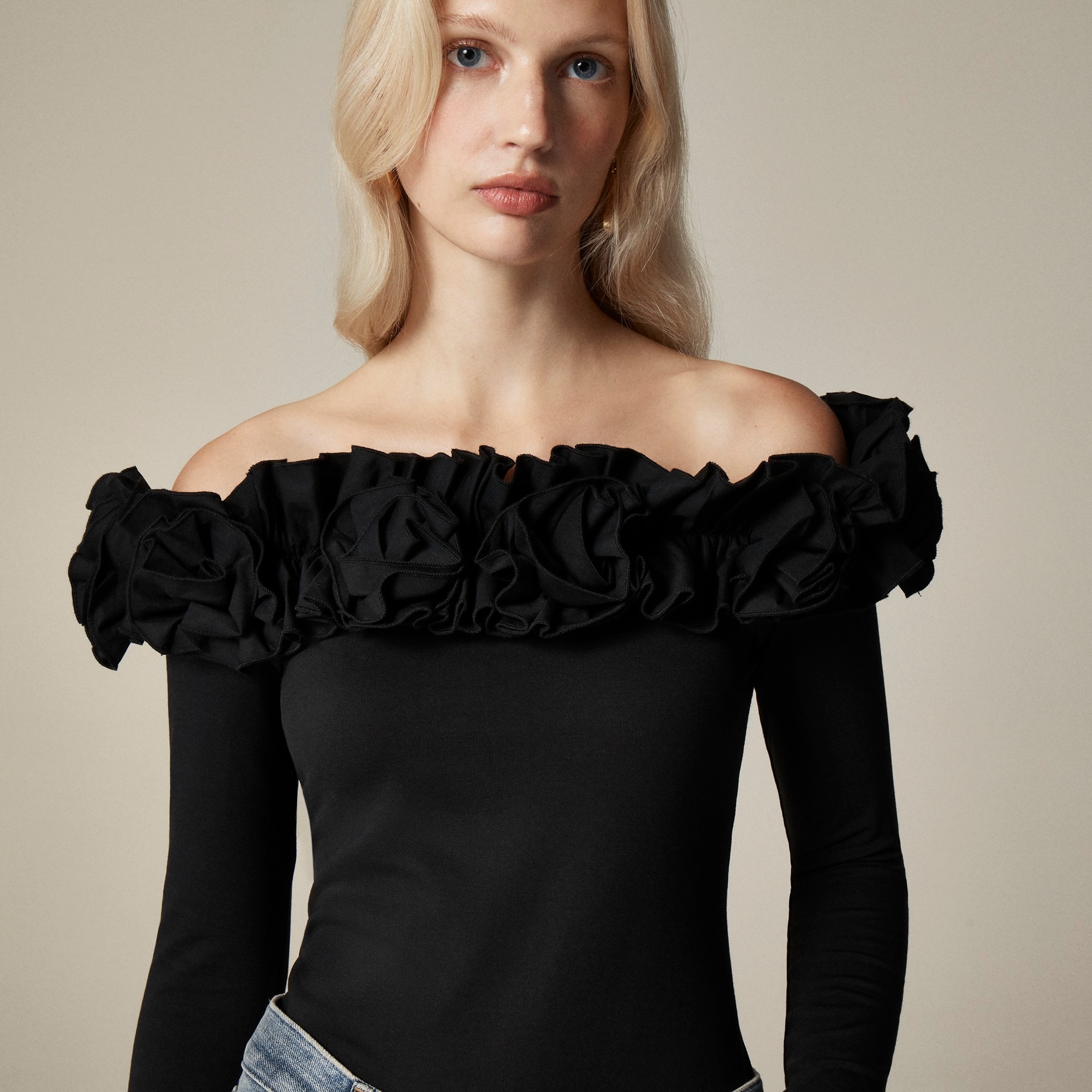 womens Stretch cotton-blend off-the-shoulder top with rosettes