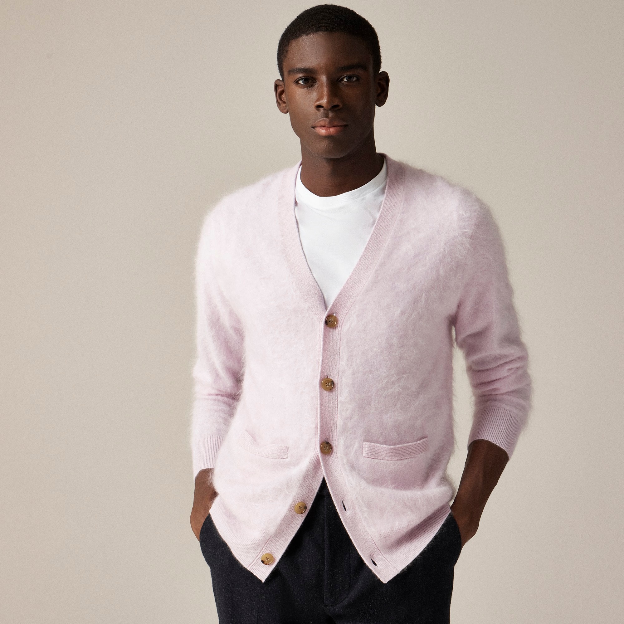 mens Brushed cashmere V-neck cardigan sweater