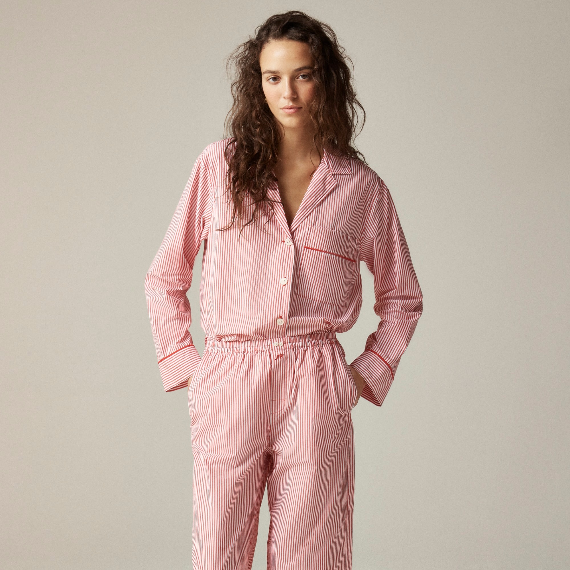 womens Pajama pant set in striped cotton poplin