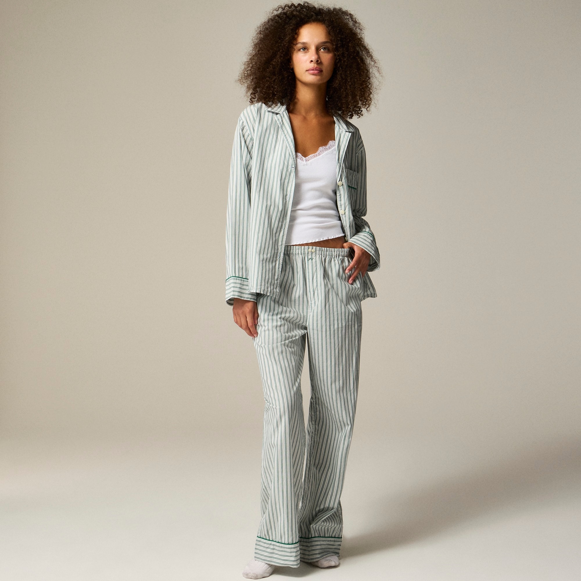 womens Pajama pant set in striped cotton poplin