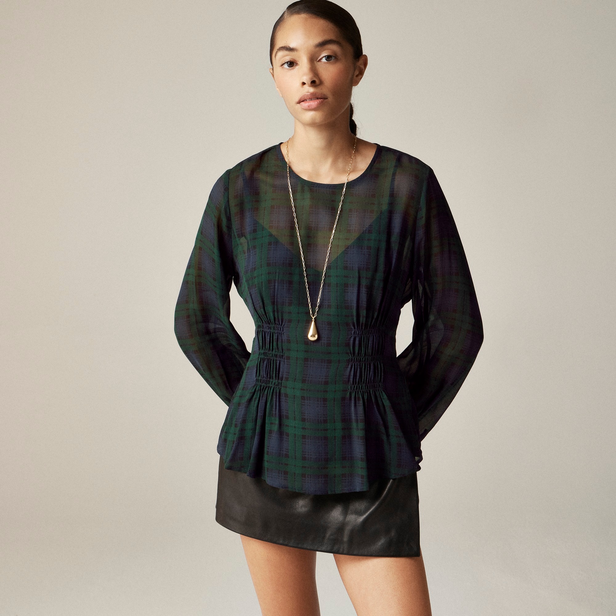 womens Chiffon shirred-waist top in Black Watch tartan