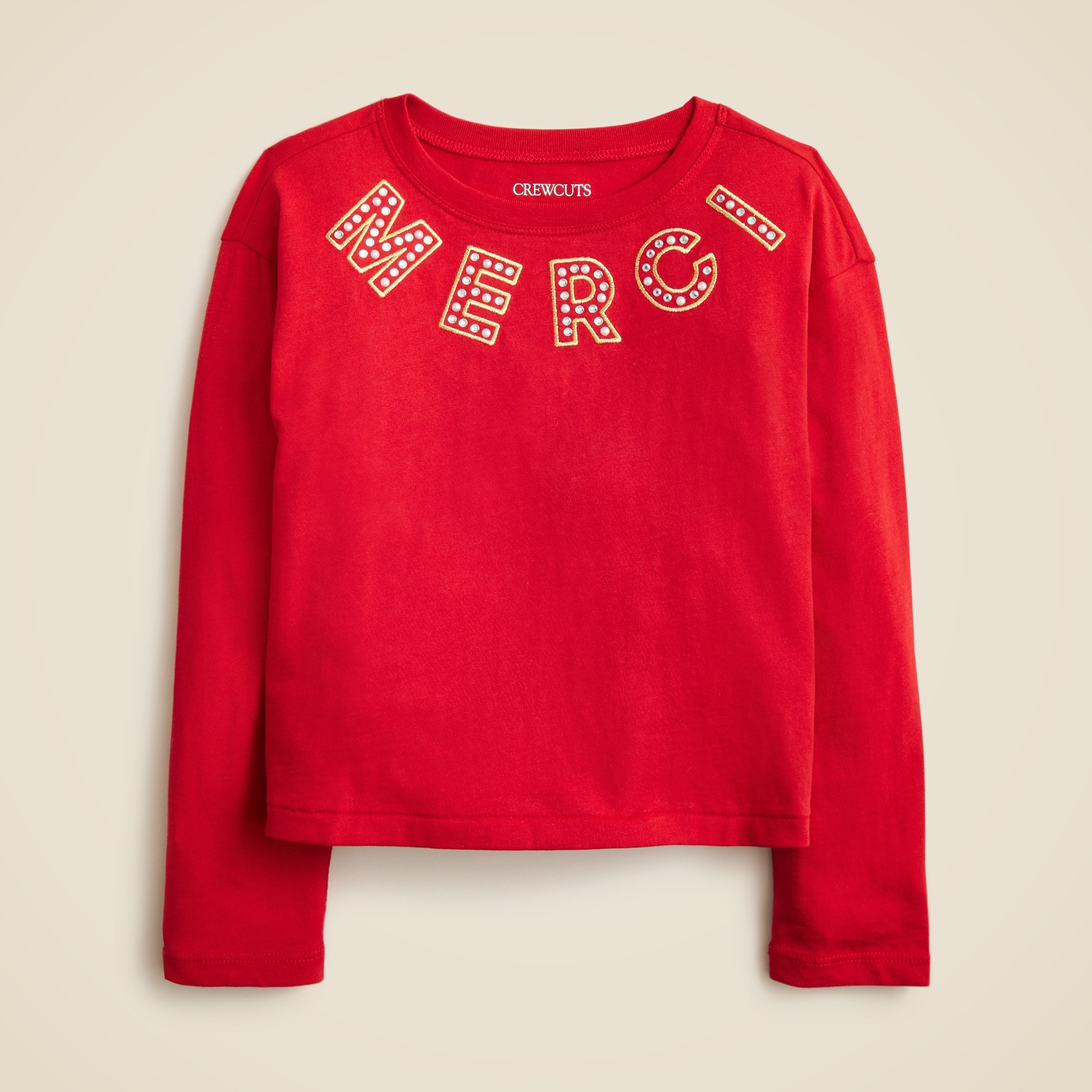 girls Girls' long-sleeve embellished &quot;Merci&quot; graphic T-shirt